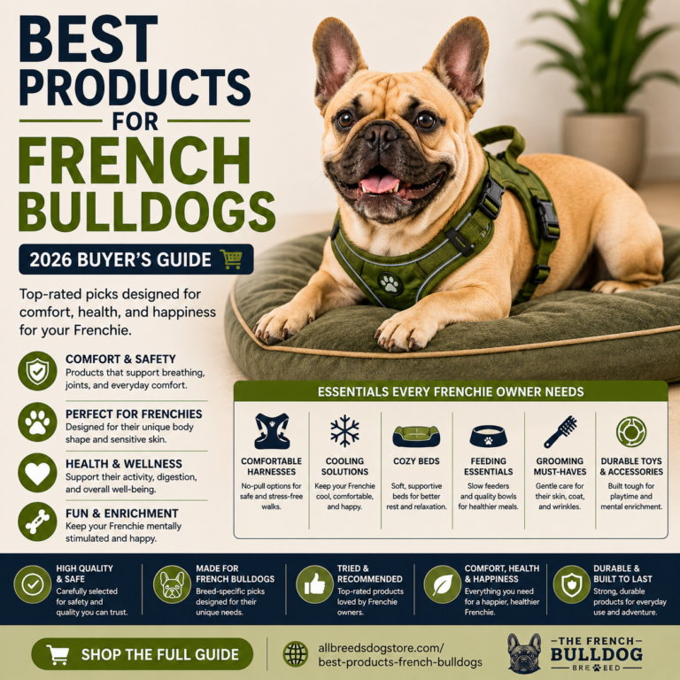 French Bulldog wearing a comfortable harness while relaxing on a supportive bed featured in a French Bulldog products buyer’s guide
